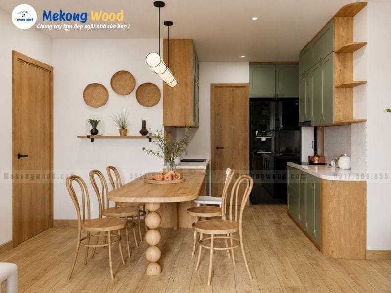 Hình ảnh thiết kế nhà bếp tối giản kiểu bắc âu với màu gỗ sồi