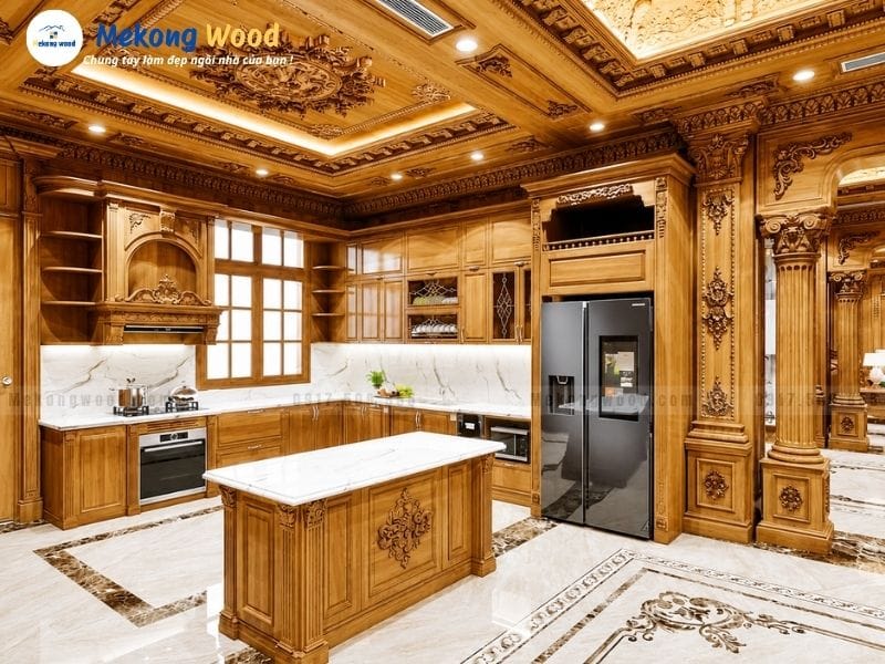 Thiết kế phòng bếp sang trọng theo phong cách tân cổ điể bằng gỗ gõ đỏ