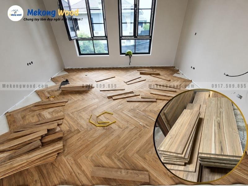 Hình ảnh sàn gỗ teak tự nhiên lát theo kiểu xương cá