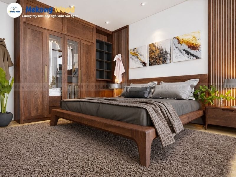 Hình ảnh thiết kế trang trí phòng ngủ với gỗ óc chó cao cấp và sang trọng