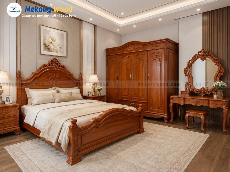 Hình ảnh thiết kế phòng ngủ gỗ gõ đỏ với nội thất tân cổ điển cao cấp