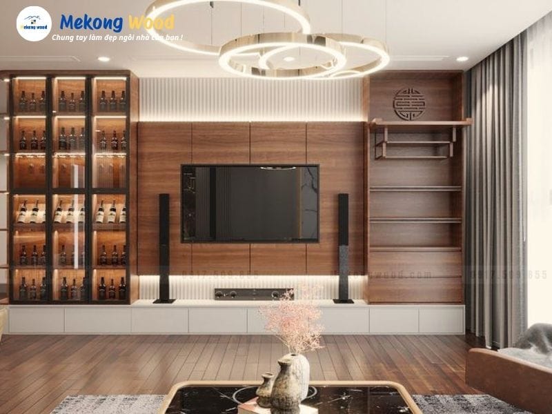 Hình ảnh mẫu vách và kệ tivi được làm từ gỗ công nghiệp