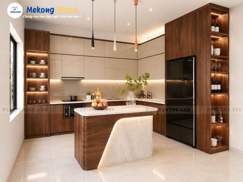 Thiết kế tủ bếp có bàn đảo giúp sang trọng phòng bếp