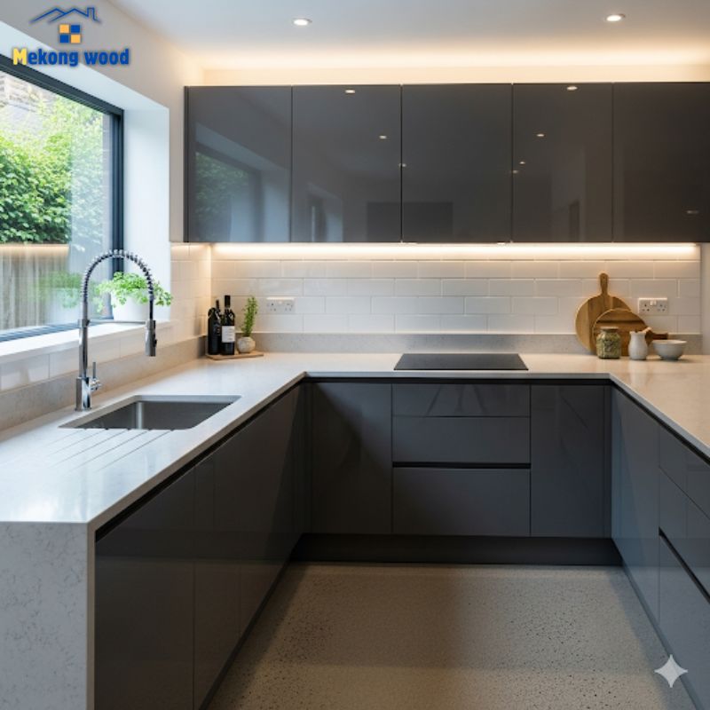 hình ảnh mẫu tủ bếp chữ U làm bằng gỗ công nghiệp phủ acrylic tại mekongwood