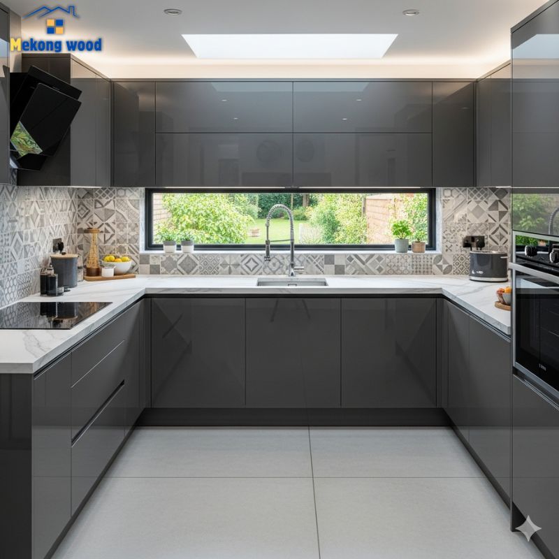 mẫu tủ bếp chữ U bóng gương truyền thống