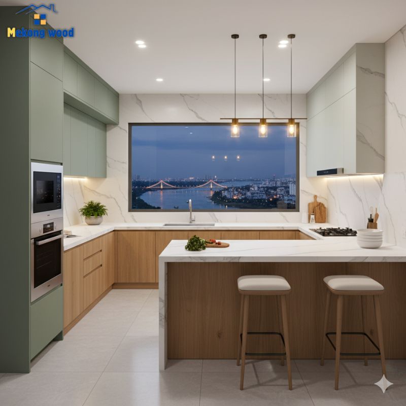 mẫu tủ bếp chữ u có quầy bar nhỏ gọn