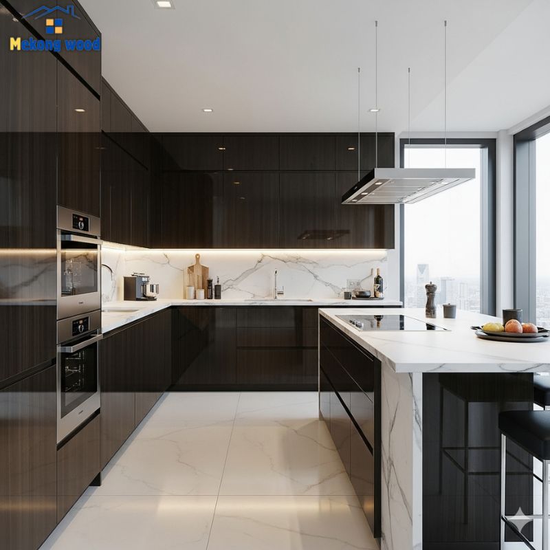 mẫu tủ bếp chữ u sang trọng hiện đại