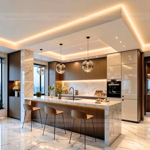 thiết kế tủ bếp song song với gỗ công nghiệp phủ acrylic