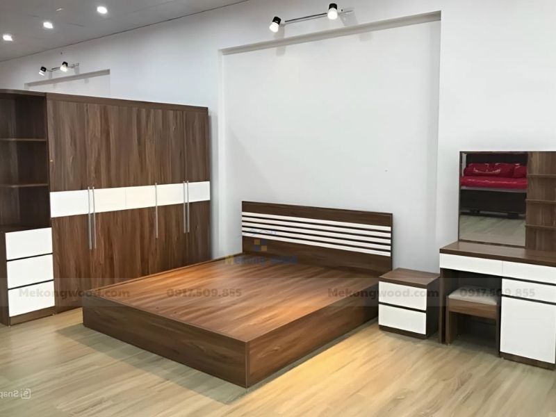 combo phòng ngủ gỗ mdf màu óc chó
