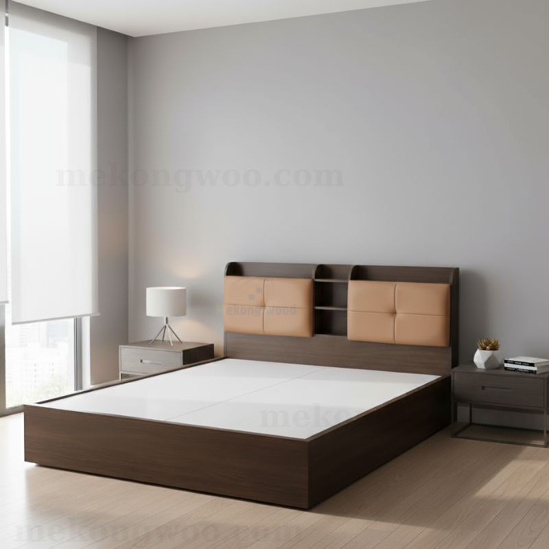 hình ảnh giường gỗ công nghiệp bọc da
