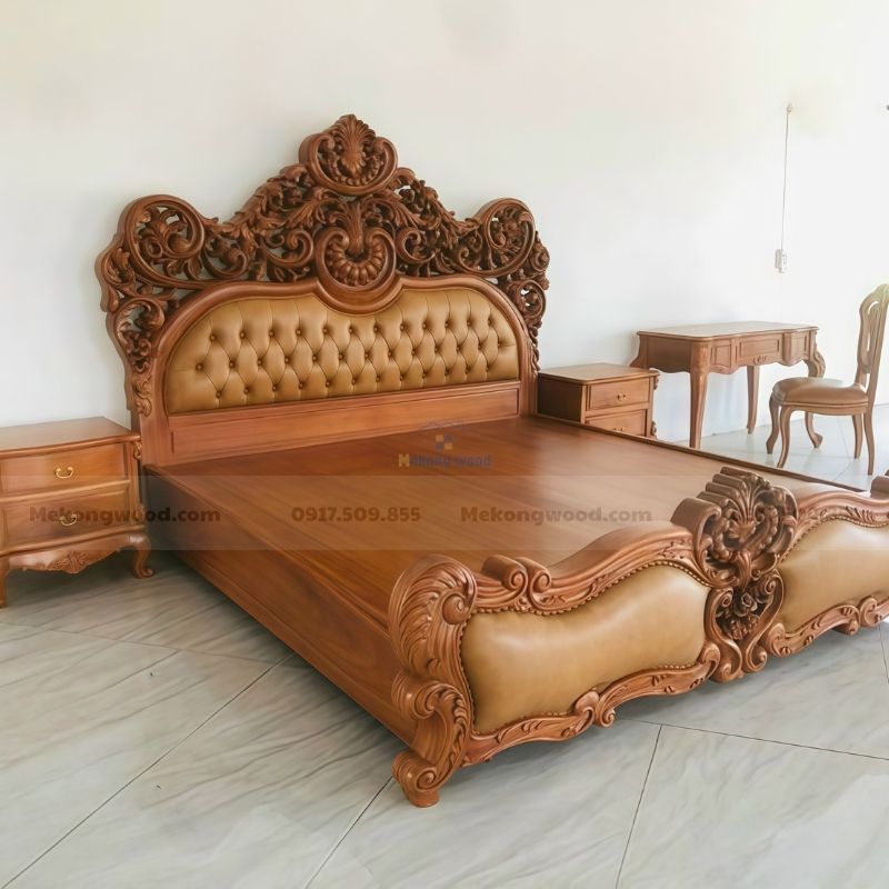 giường ngủ gỗ tân cổ điển bọc nệm tại mekongwood