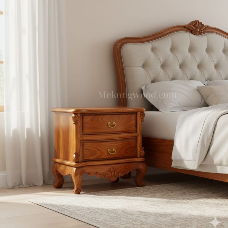 hình ảnh tủ đầu giường tân cổ điển gỗ gõ đỏ