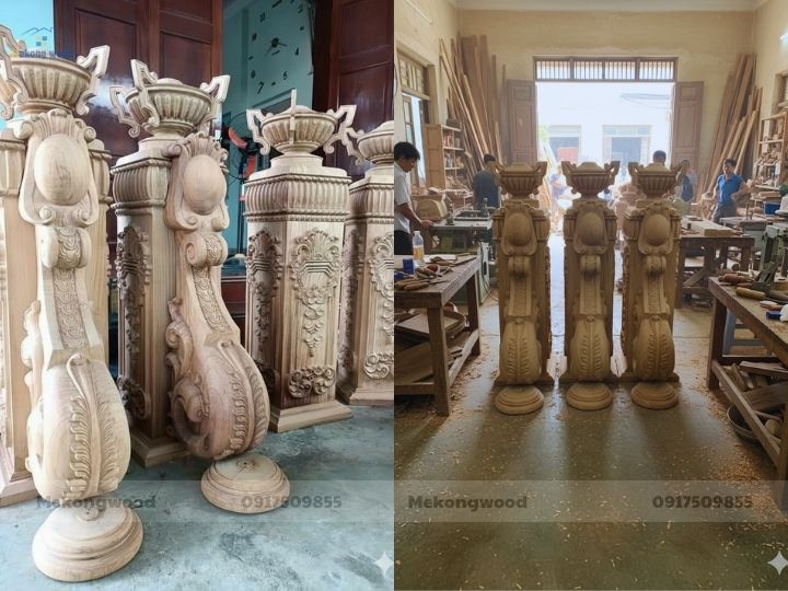 Hình ảnh gia công trụ cầu thang gỗ chạm khắc nghệ thuật