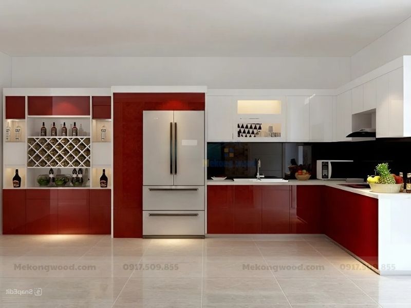 hình ảnh tủ bếp phủ acrylic bóng gương 2 tông màu đỏ và trắng