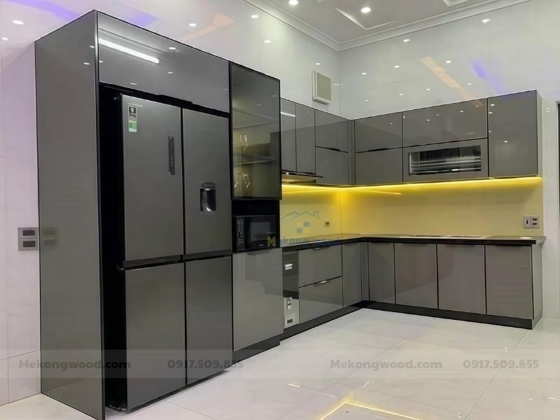 Hình ảnh mẫu tủ bếp acylic mày ghi nổi bật