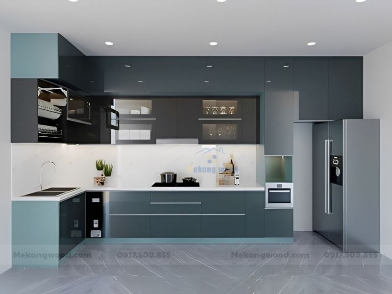 hình ảnh tủ bếp acrylic màu xám nhìn sang trọng và hiện đại