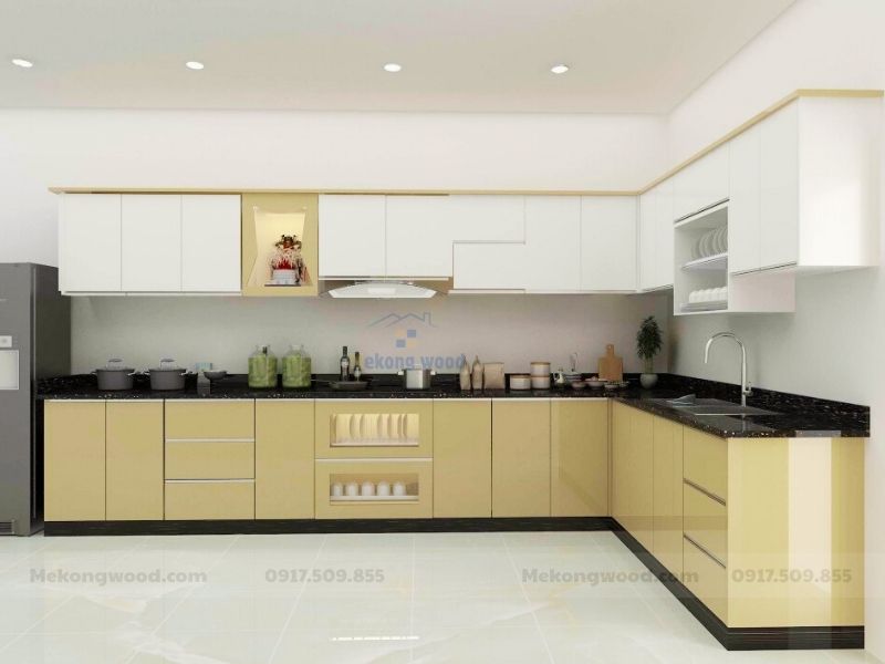 tủ bếp gỗ công nghiệp phủ acrylic bóng gương