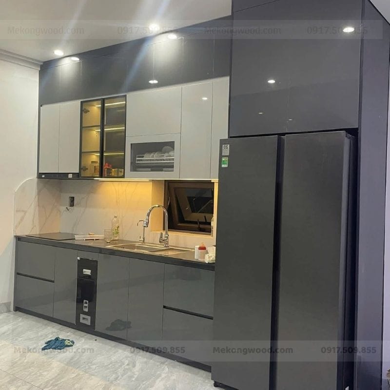 Tủ bếp chữ I phủ acry dành cho chung cư nhà phố nhỏ