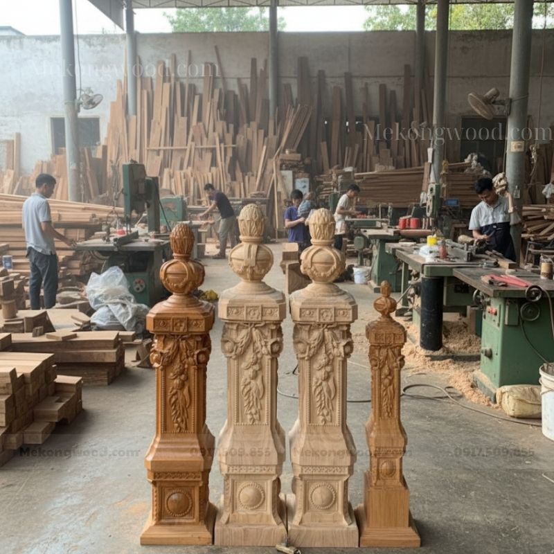 Mẫu trụ cầu thang gỗ tự nhiên cổ điển sang trọng