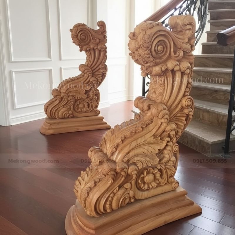 trụ cầu thang gỗ tân cổ điển sang trọng và đẳng cấp