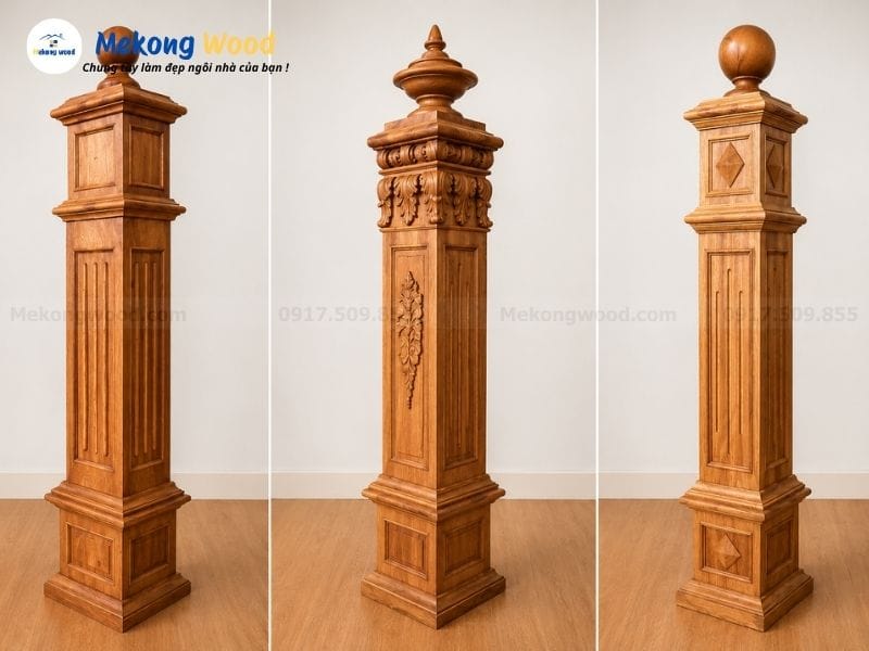 Hình ảnh mẫu trụ cầu thang vuông bằng gỗ tự nhiên