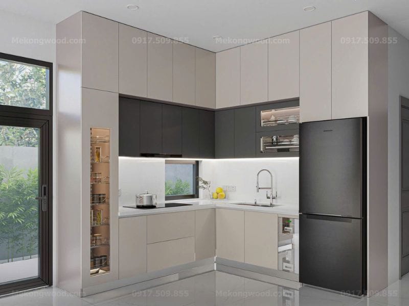 Tủ bếp gỗ công nghiệp phủ acrylic màu xám