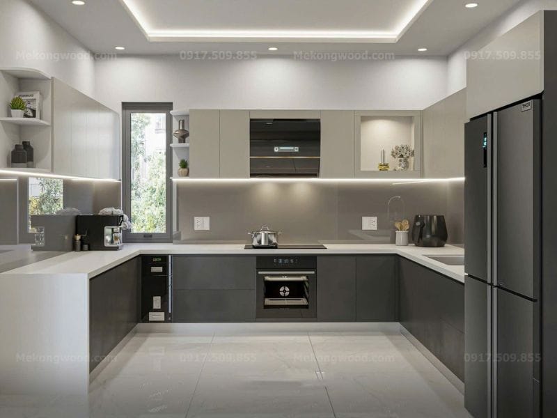 Hình ảnh thiết kế tủ bếp acrylic chữ U