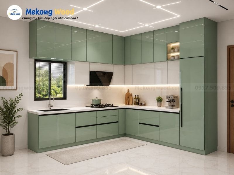 Hình ảnh thiết kế tu bếp acrylic màu xanh ngọc bóng gương sang trọng