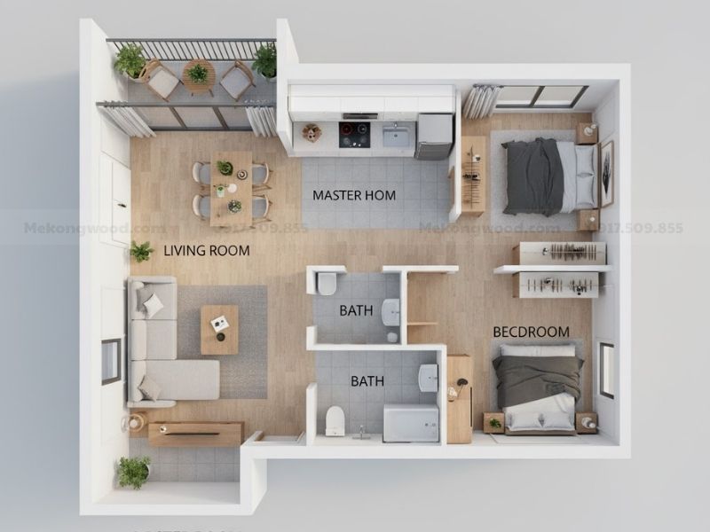 Bản bố cụ thiết kế nội thất chung cư 70m2
