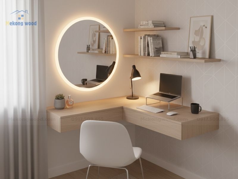 bàn trang điểm và góc làm việc trong phòng ngủ nhỏ 10m2