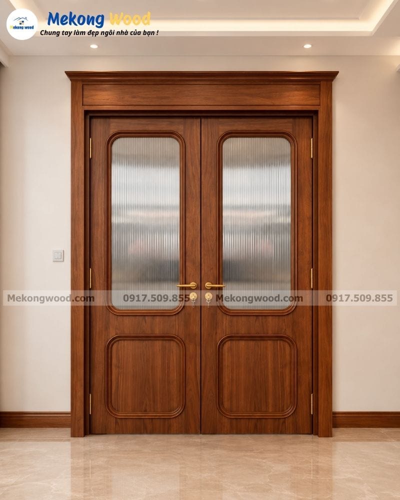 Hình ảnh cửa 2 cánh khung gỗ kết hợp kinh mờ