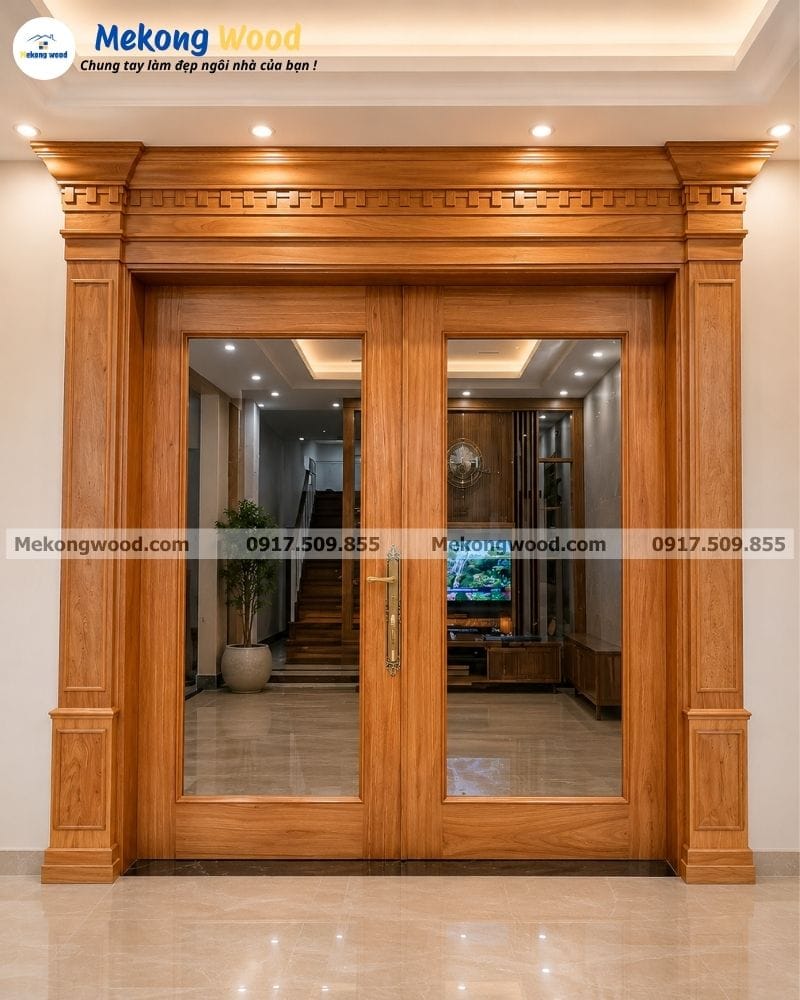 Hình ảnh cửa gỗ gõ đỏ kết hợp cánh kính