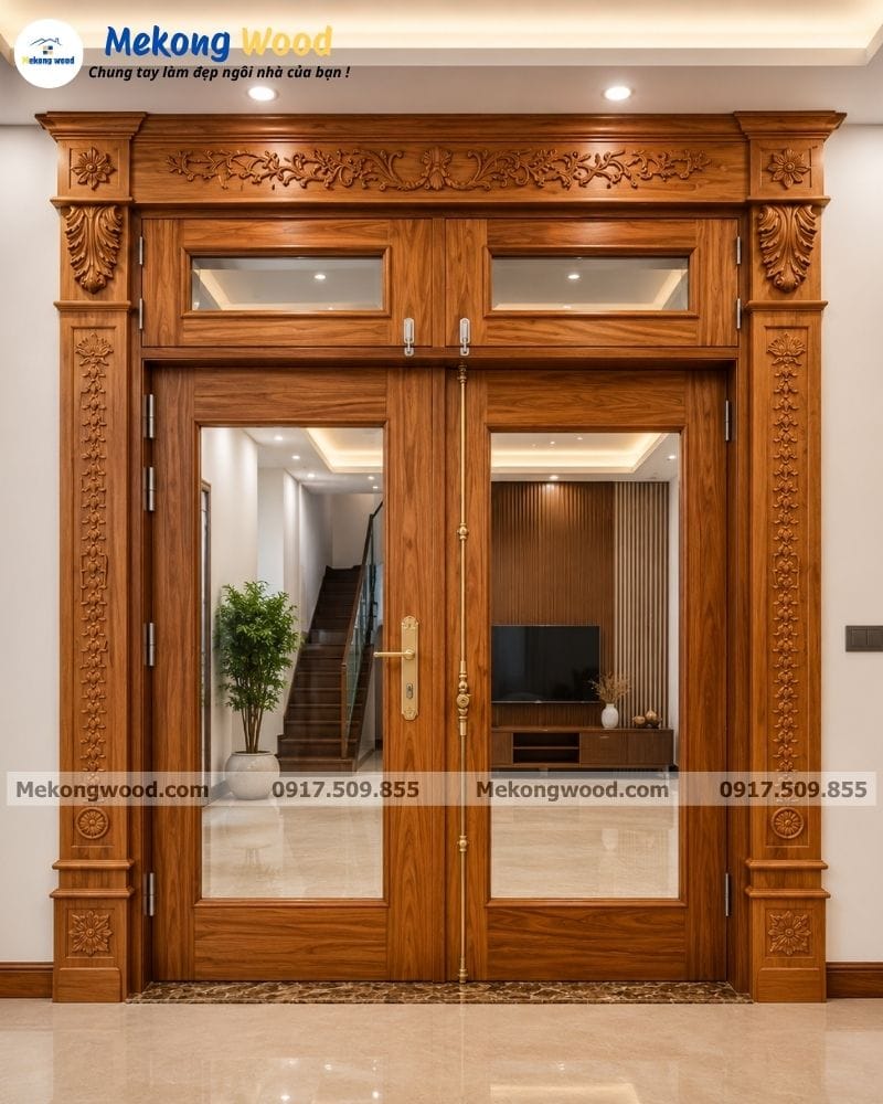 Mẫu cửa gỗ tân cổ điển kết hợp với kinh cường lực