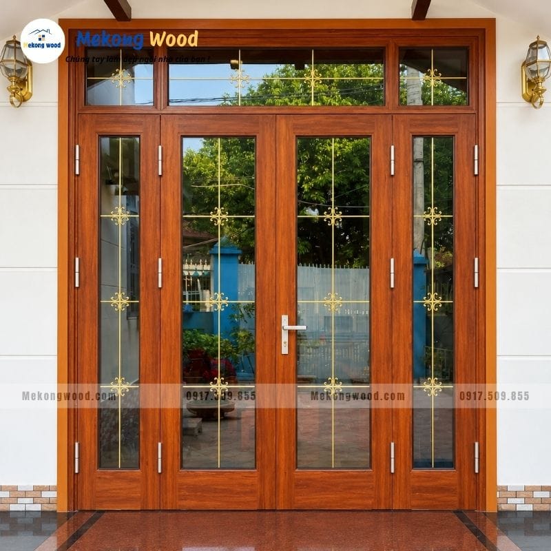 Mẫu cửa kính khung gỗ 4 cánh cánh đẹp hiện đại