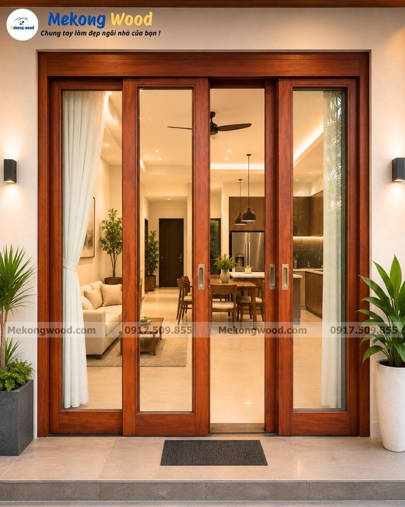 Mẫu cửa lùa cánh kính khung gỗ