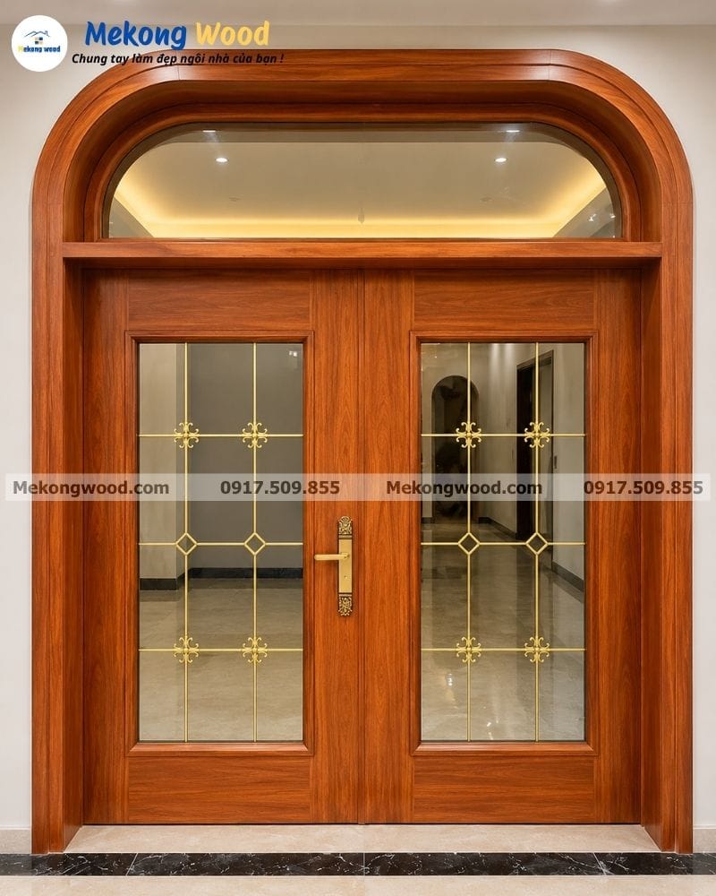 Mẫu cửa vòm kung gỗ kết hượp kính cường lực thiết kế hiện đại