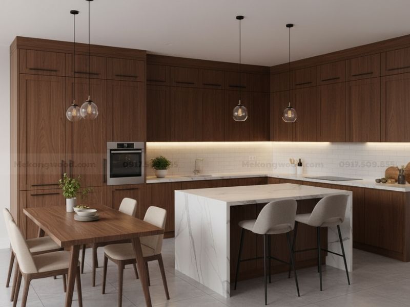 thiết kế phòng bếp căn hộ chung cư 70m2 có bàn đảo