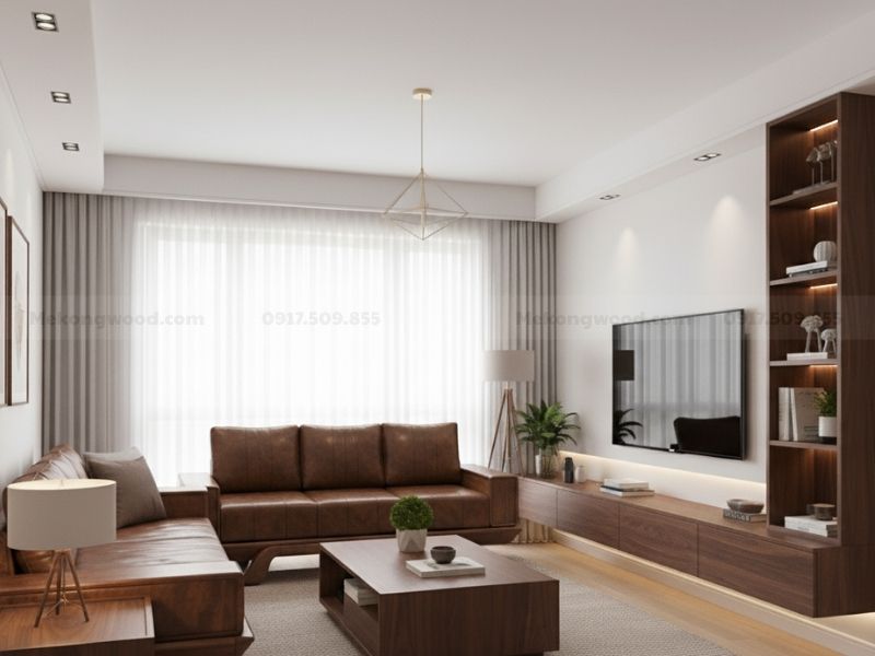hình arnhnooji thất phòng khách căn hộ 70m2 màu gỗ óc chó