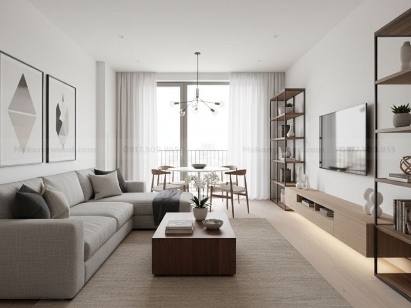 Thiết kế nội thất phòng khách hiện đại cho chung cư 90m2