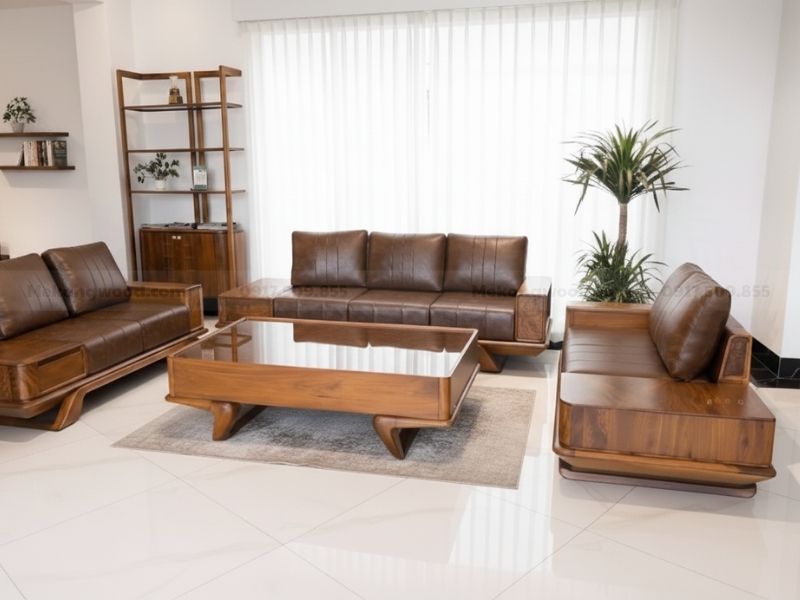 hình ảnh nội thất phòng khách chung cư với sofa gỗ óc chó