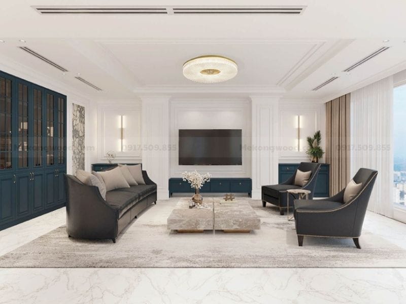 Hình ảnh nội thất phòng khách với bàn đá và ghế da sang trọng