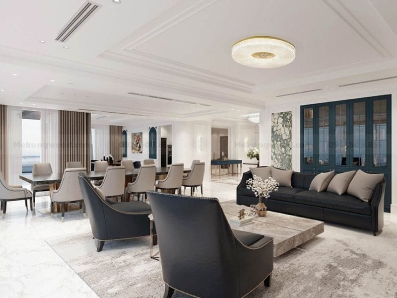 hình ảnh góc phòng bếp và phòng khách chung cư luxury