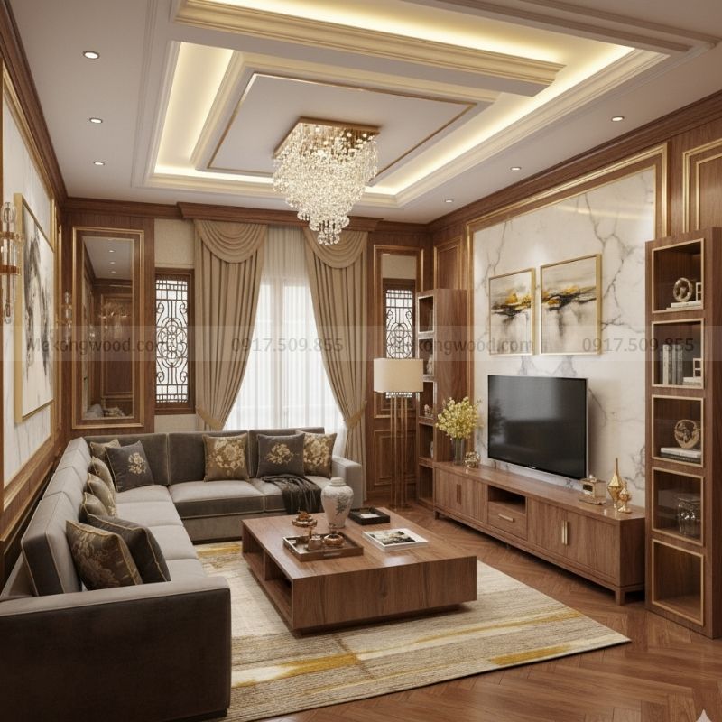 thiết kế phòng khách cung cư với phong cách luxury