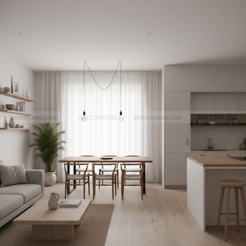 hình ảnh thiết kế phòng khách thông phòng bếp chung cư 70m2