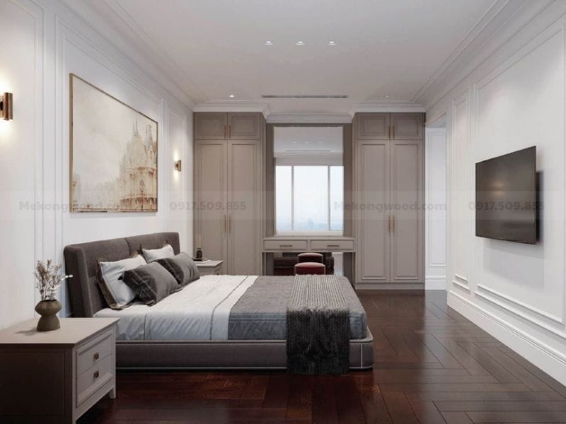 Nội thất phòng ngủ sang trọng với sàn gỗ chiu liu