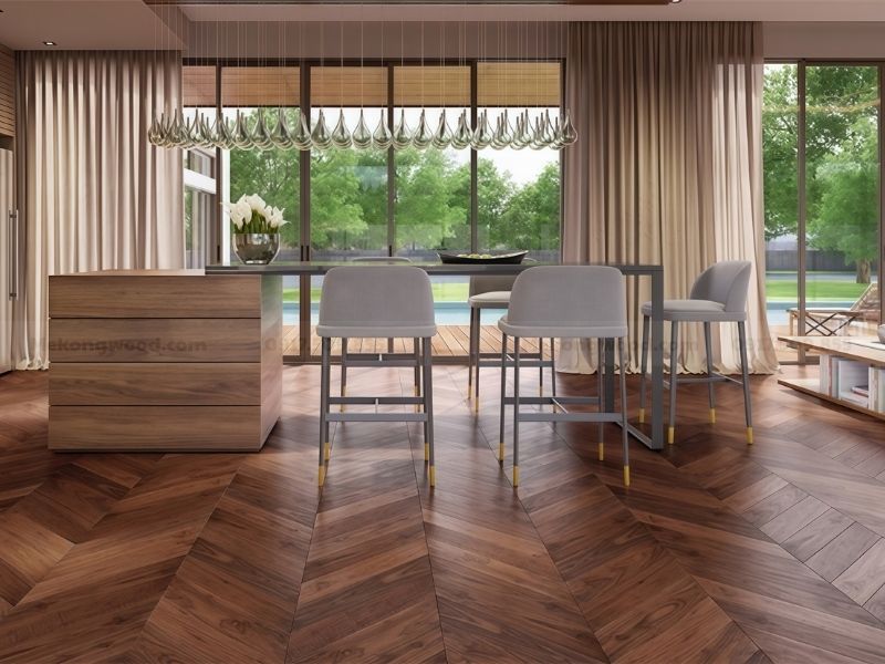 Sàn gỗ óc chó cao cấp với tone nâu trầm sang trọng, phù hợp phong cách hiện đại.