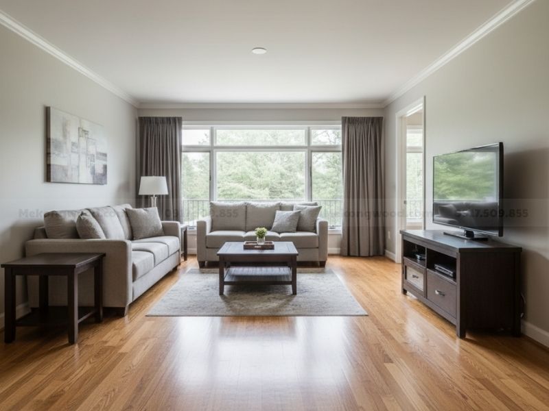 Không gian phòng khách với sàn gỗ óc chó tông nâu socola đặc trưng.