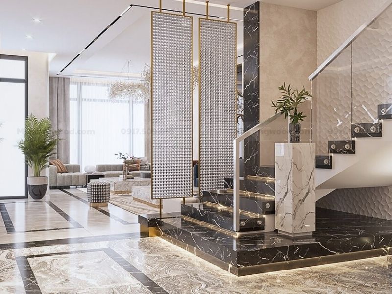 Hình ảnh vách ngăn cầu thang bằng kim loại kết hợp kính