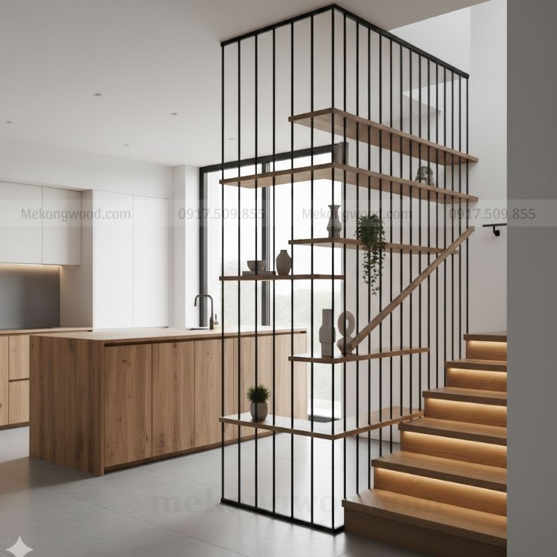 Vách ngăn cầu thang đơn giản, thanh thoát, phù hợp với không gian tối giản