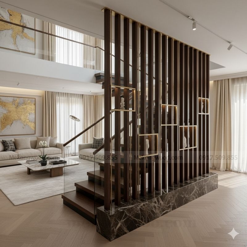 Thiết kế vách ngăn cầu thang Luxury, sử dụng gỗ và đá để tăng tính thẩm mỹ.